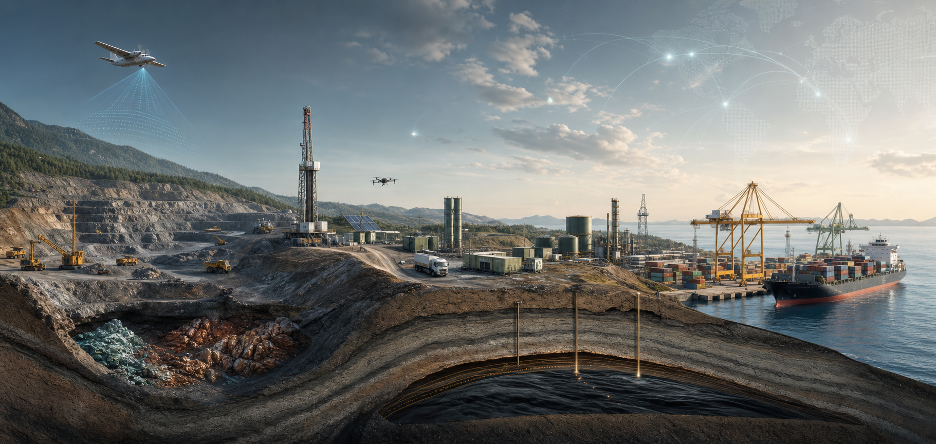 Integrated energy and mineral lifecycle scene from underground resources to field operations and global logistics